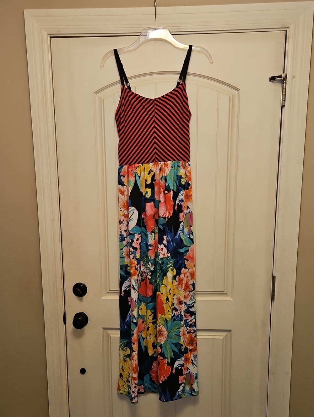 Maurices Coral & Black Striped Bodice Floral Maxi Dress